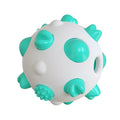 Blue green and yellow spherical dog chew toy with textured bumps and a hollow centre hole for treats.