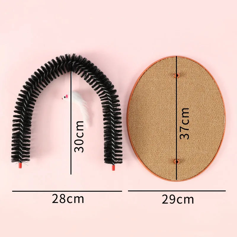 Black arch-shaped cat scratching post with grooming brush and attached mouse toy on non-slip base