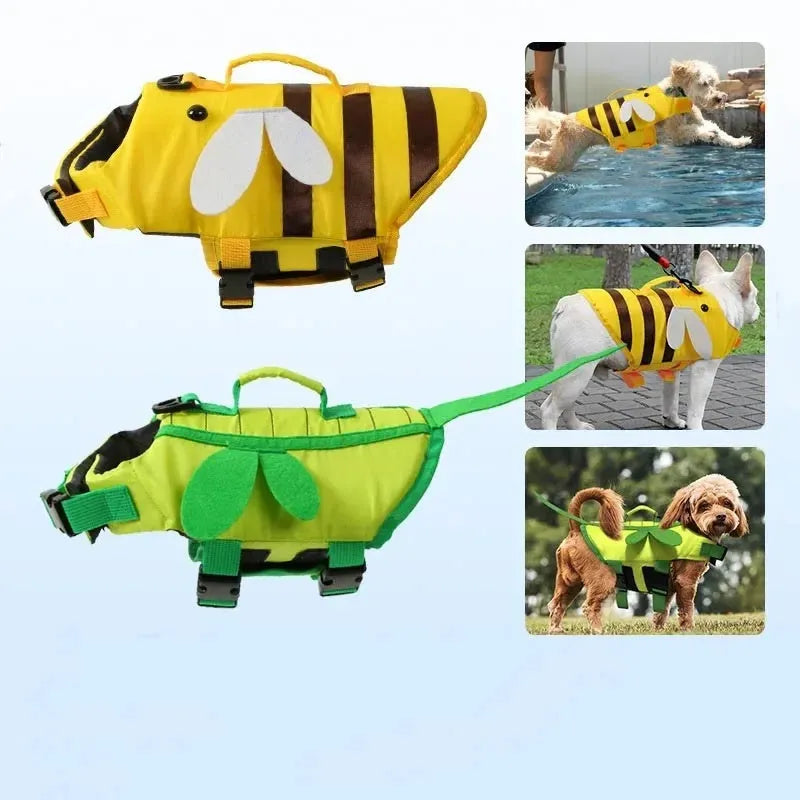 Green dog life vest with reflective trim and plastic buckles on a dog model.
