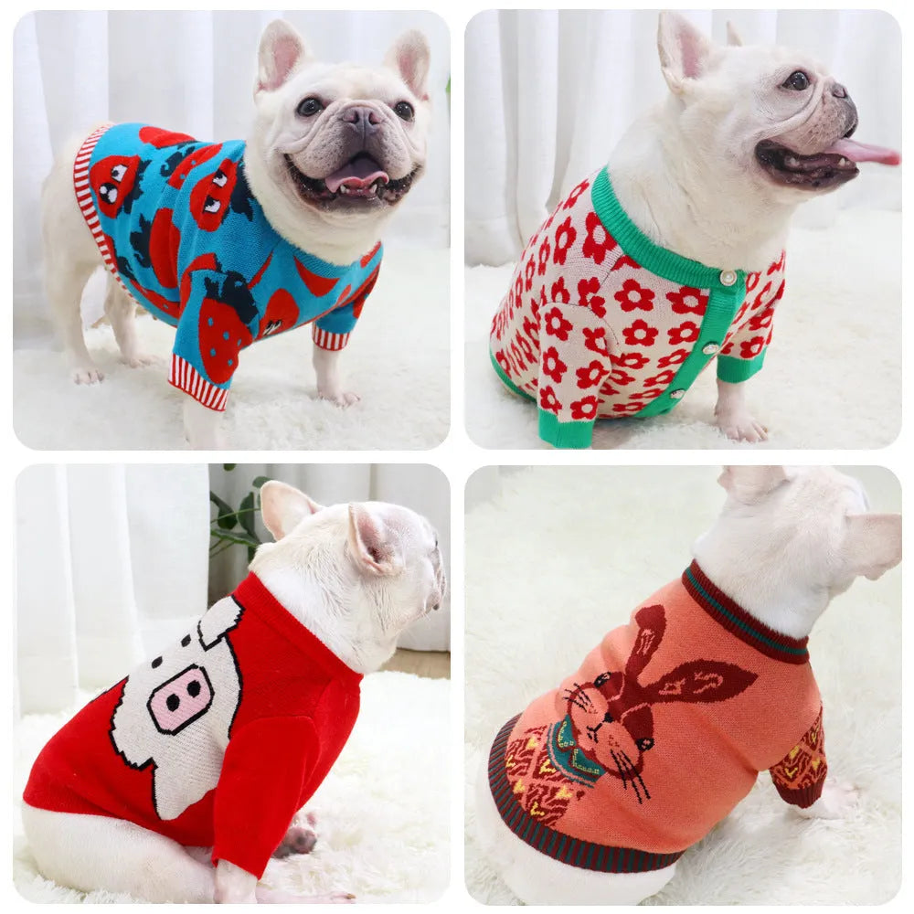 Cartoon jarre aero bull print wool dog sweater in rabbit, red pig, strawberry, or flower button cardigan design.