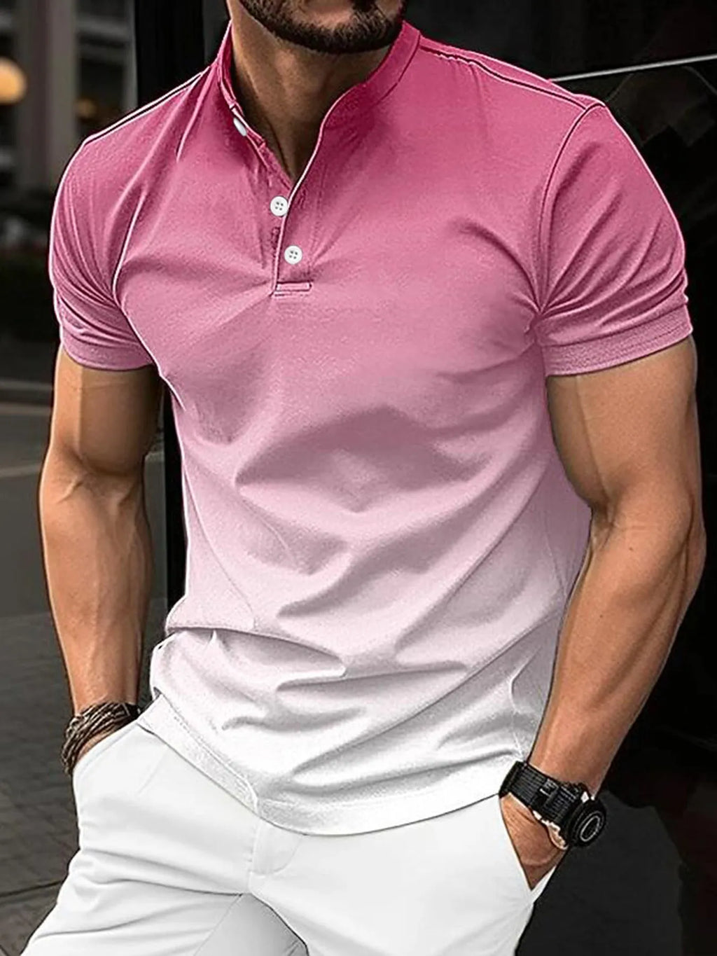 European American stand collar gradient golf short sleeve t-shirt in gray with mosaic colour block detail