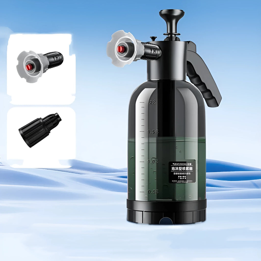 Blue hand-held car wash foam sprayer with 2L tank and high-pressure water cannon nozzle.