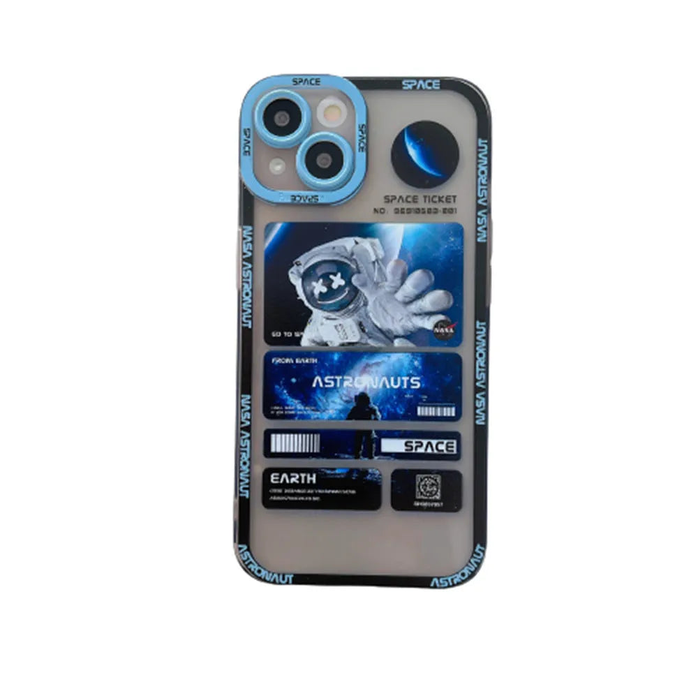 Astronaut graffiti print phone case for iPhone in blue-black, orange-black, and white-black contrast colours