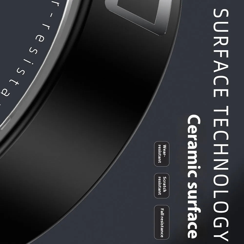 Black ceramic smart ring for health monitoring on a finger, showing a charging case accessory.