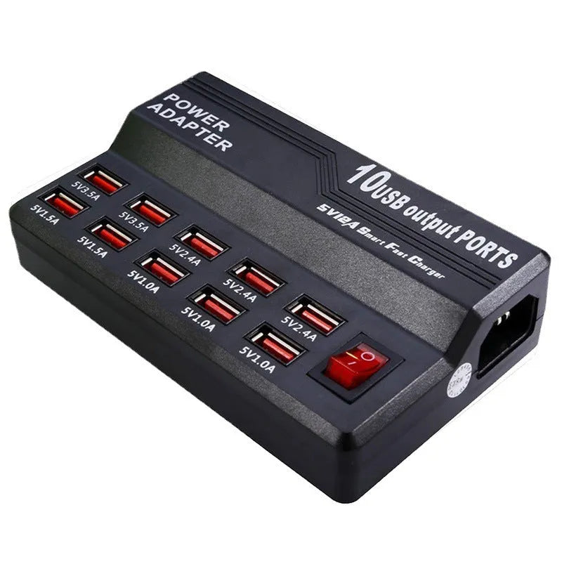 10 Port USB charger power strip in 838 black with multiple cables connected