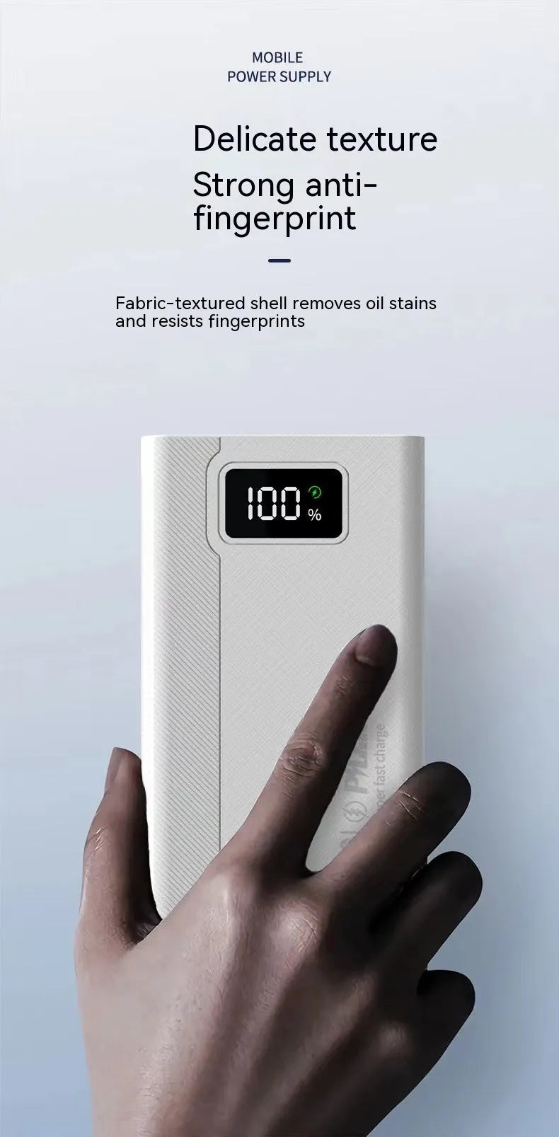 Black and white large capacity power bank with fast charging function showing dimensions