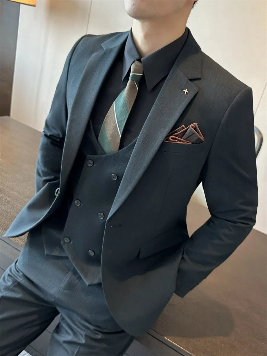 Men's slim fit business suit in dark green, brown, or camel, made from a chemical fibre blend fabric.