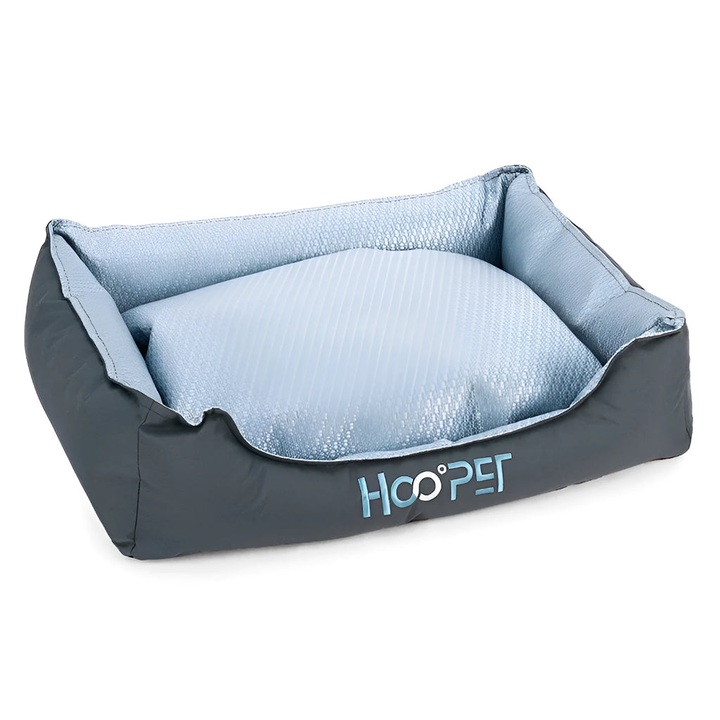 Soft grey dog bed with cat cave design and removable cover shown in small, medium, and large sizes.