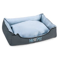 Soft grey dog bed with cat cave design and removable cover shown in small, medium, and large sizes.