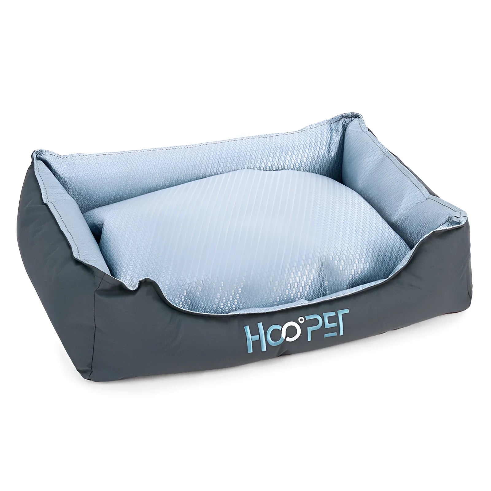 Soft grey dog bed with cat cave design and removable cover shown in small, medium, and large sizes.