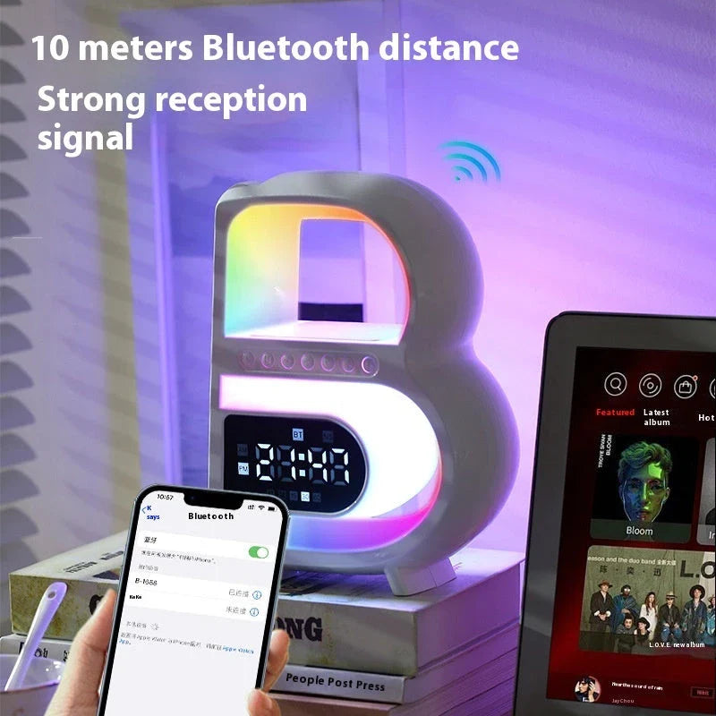 B-shaped Bluetooth desk lamp with wireless charging, adjustable lighting, and alarm clock features