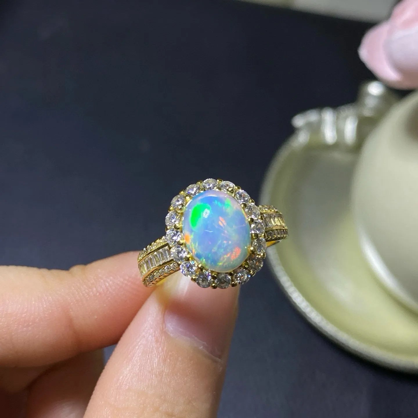 Handmade adjustable sterling silver ring with natural Ethiopian opal stone in gold plating options