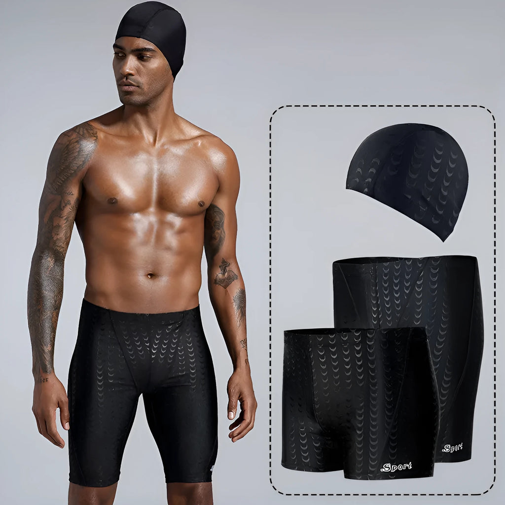 Men's solid colour shark skin texture waterproof swimming trunks for surfing, shown in sizes XL to 4XL.