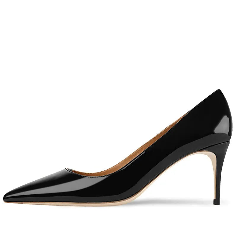 Women's high-heeled pointed toe shoes with soft sole construction in black and skin tones