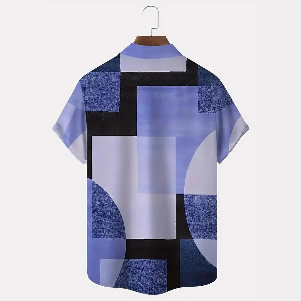 Men's retro geometric pattern cardigan shirt in loose fit with contrasting square design