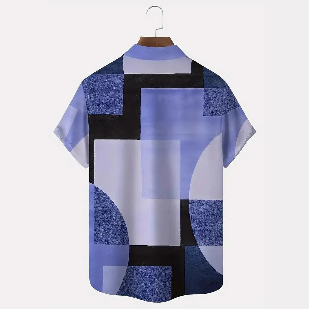 Men's retro geometric pattern cardigan shirt in loose fit with contrasting square design