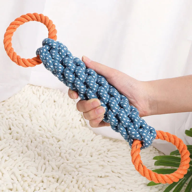 Blue braided cotton rope bone dog toy with double-ring loops