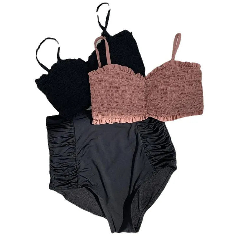 Women's retro high-waist bikini set in Cameo Brown or black colour