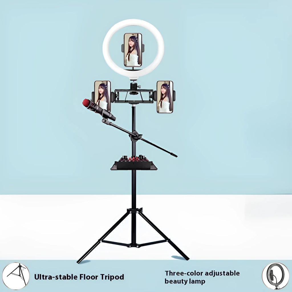 2.1m tripod floor stand with cross bar tray, three-phone holder, and microphone rod for live streaming