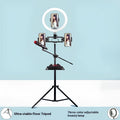 2.1m tripod floor stand with cross bar tray, three-phone holder, and microphone rod for live streaming