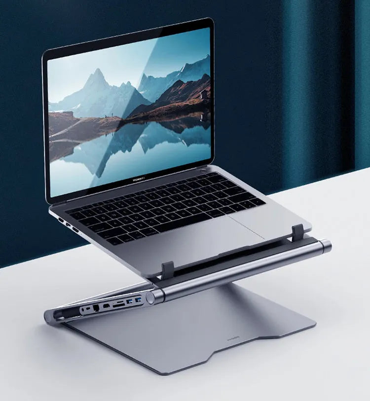 Aluminium alloy laptop stand in deep space grey with cave-type design and optional 8-in-1 docking station