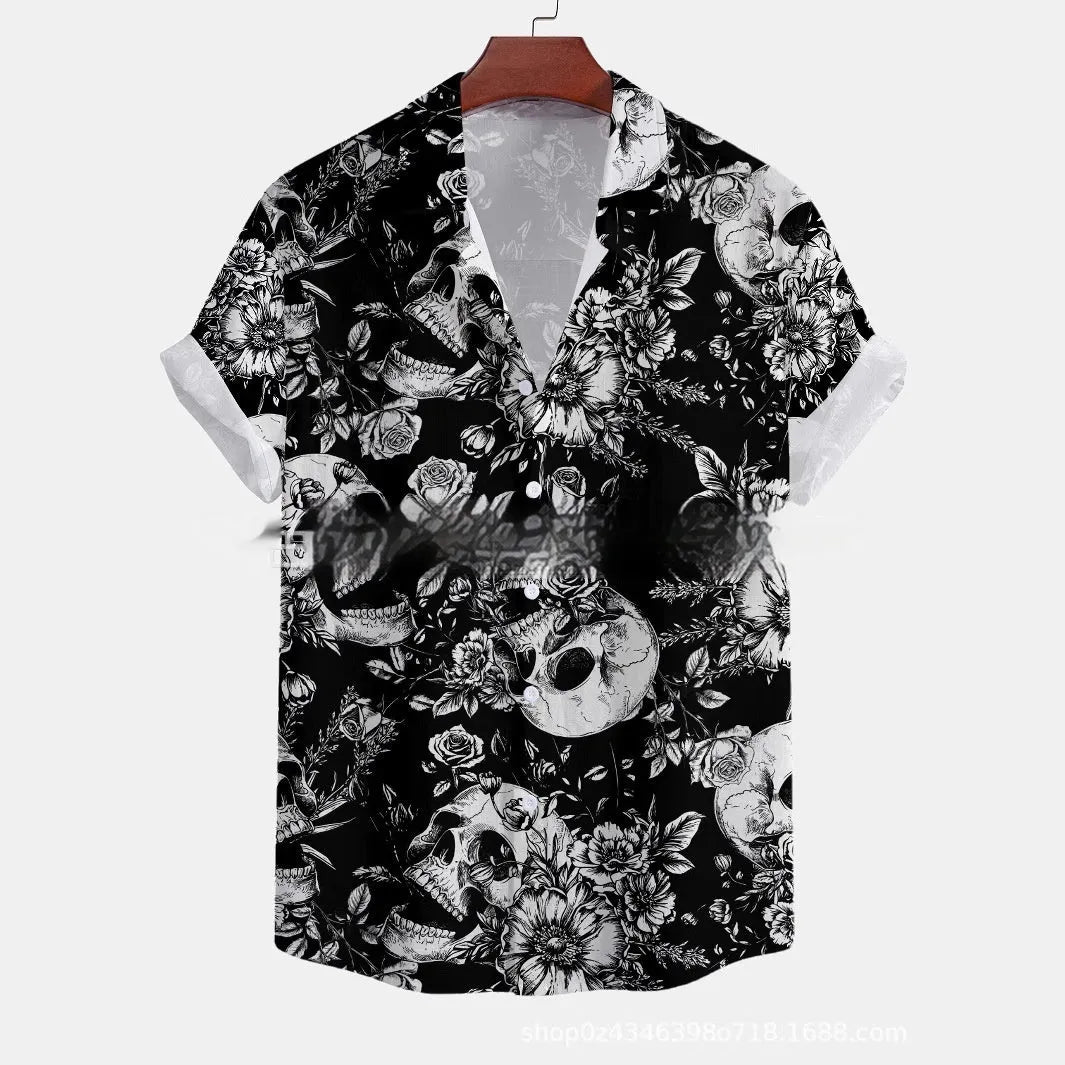 Man wearing a loose, short-sleeved floral print casual shirt in a cardigan style.
