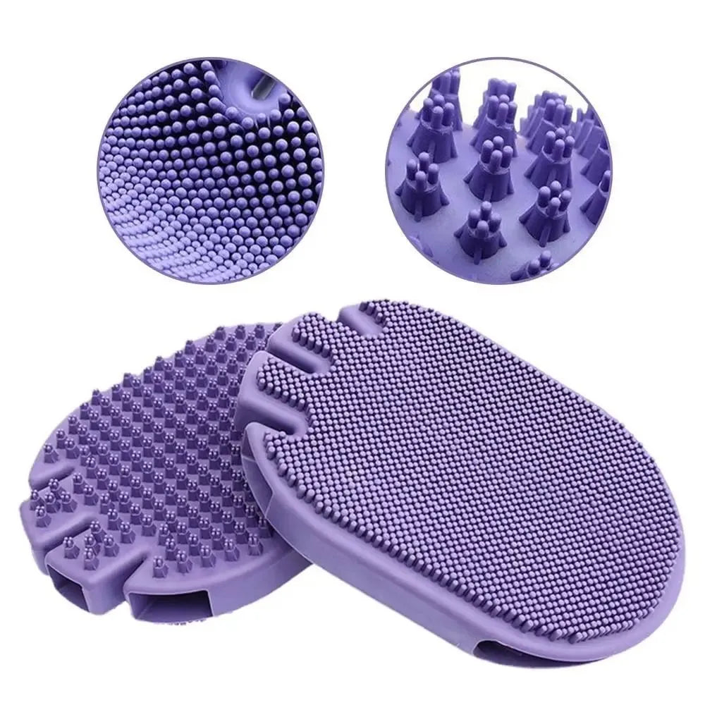 Purple pet shampoo brush with soft bristles and ergonomic handle for dog and cat grooming