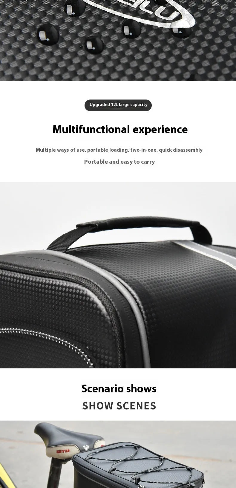 Black waterproof PU leather car bag for bicycle gear storage with 12L capacity