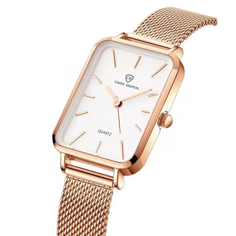 Women's rose gold or silver waterproof watch with woven steel strap and analogue dial.