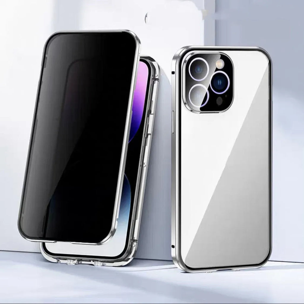 Metal glass phone case with magnetic suction and double-card buckle for iPhone 11-14 Pro Max in black