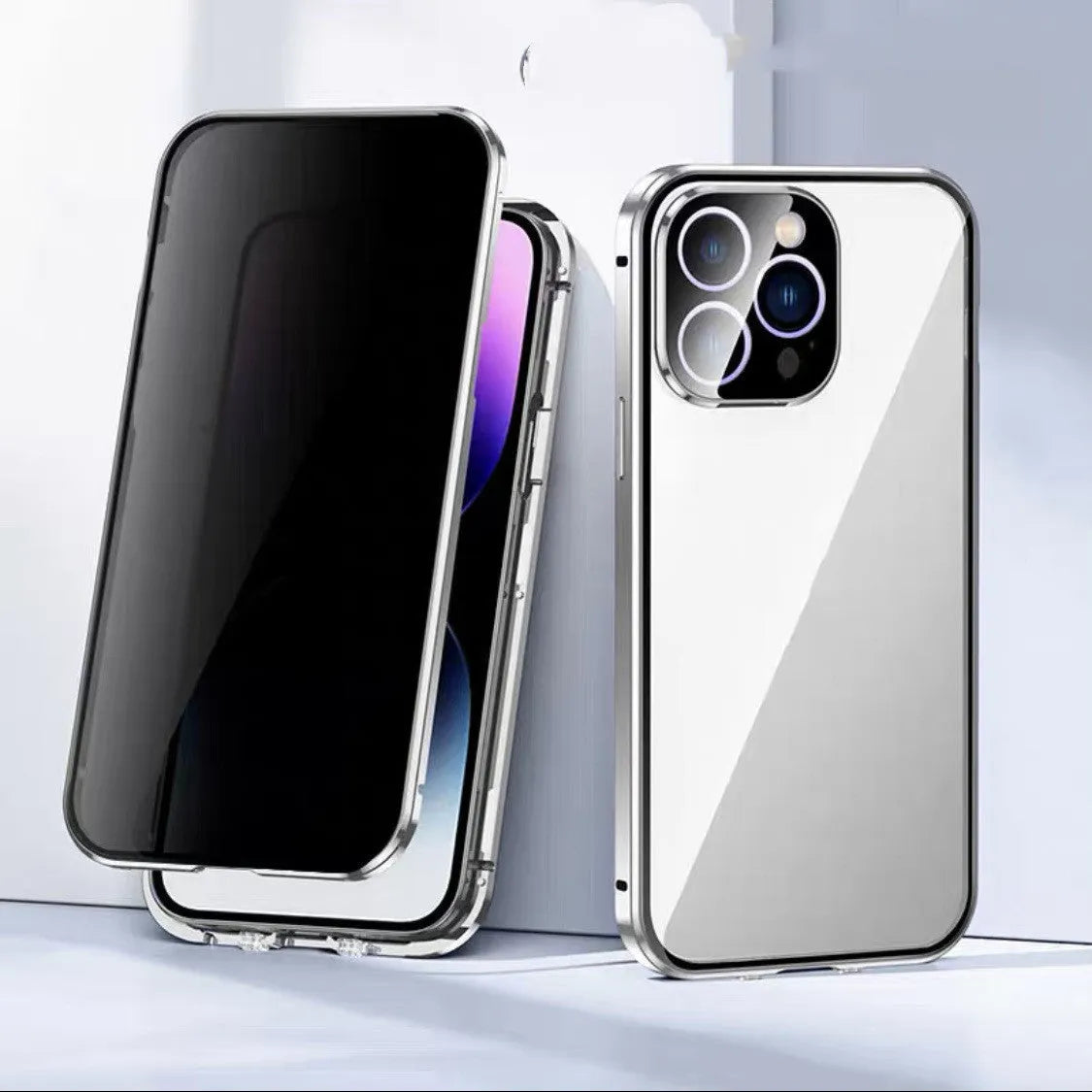 Metal glass phone case with magnetic suction and double-card buckle for iPhone 11-14 Pro Max in black