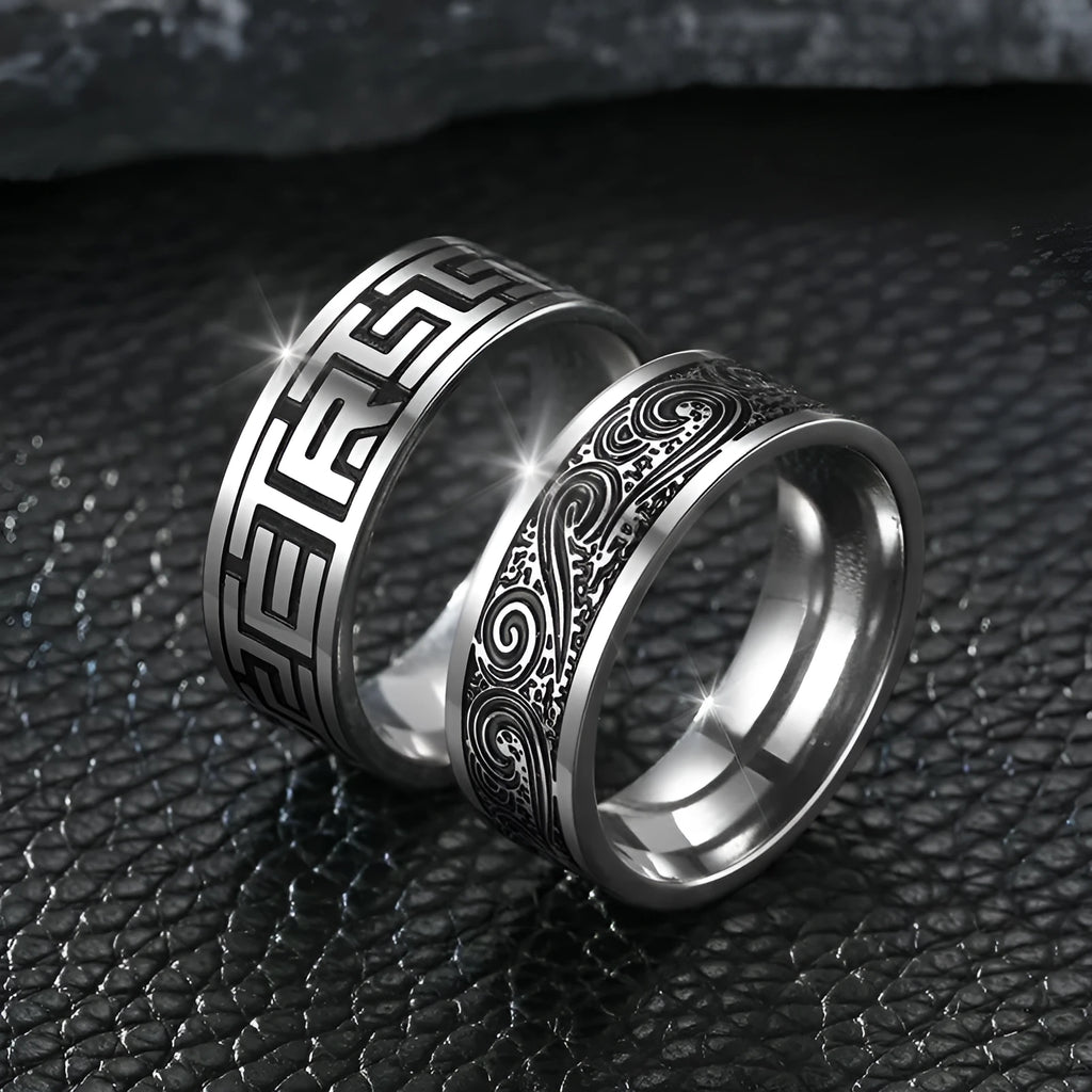 Titanium steel ring with carved Great Wall pattern, colour-changing finish, unisex antique style, 8mm width