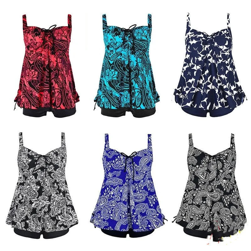 Big plus size women's two-piece swimsuit in polyester, hedging design, colour leaf, green, blue, red, sizes XL to 6XL