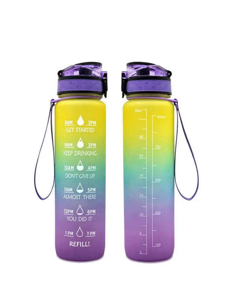 Clear transparent 1000ml sports water bottle with blue lid and removable fruit infuser inside.