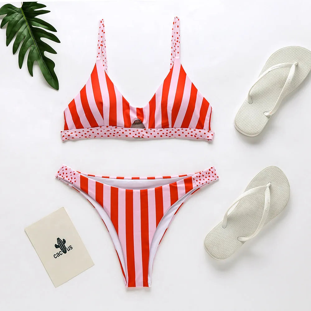 Women's bikini swimwear in polyester fabric with dots or stripes pattern options