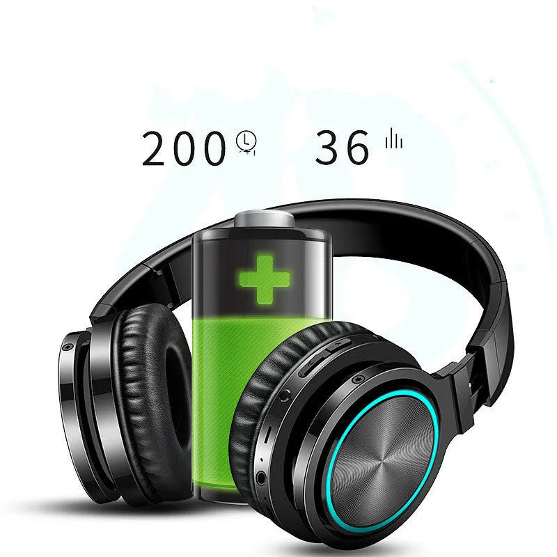 B12 wireless folding Bluetooth headset shown in black, black and red, and white and grey colour variants.