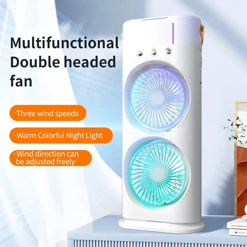 Portable Dual-Headed Evaporative Humidifier Fan with Adjustable Airflow, Quiet Operation, and Compact Design