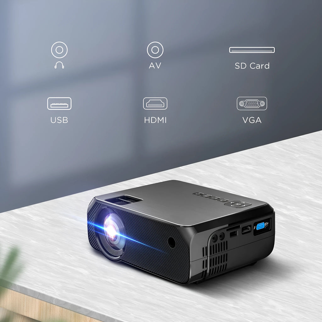 Black home projector with glass lens, 720p resolution, 3900 lumens brightness, 50-230 inch screen, UK plug