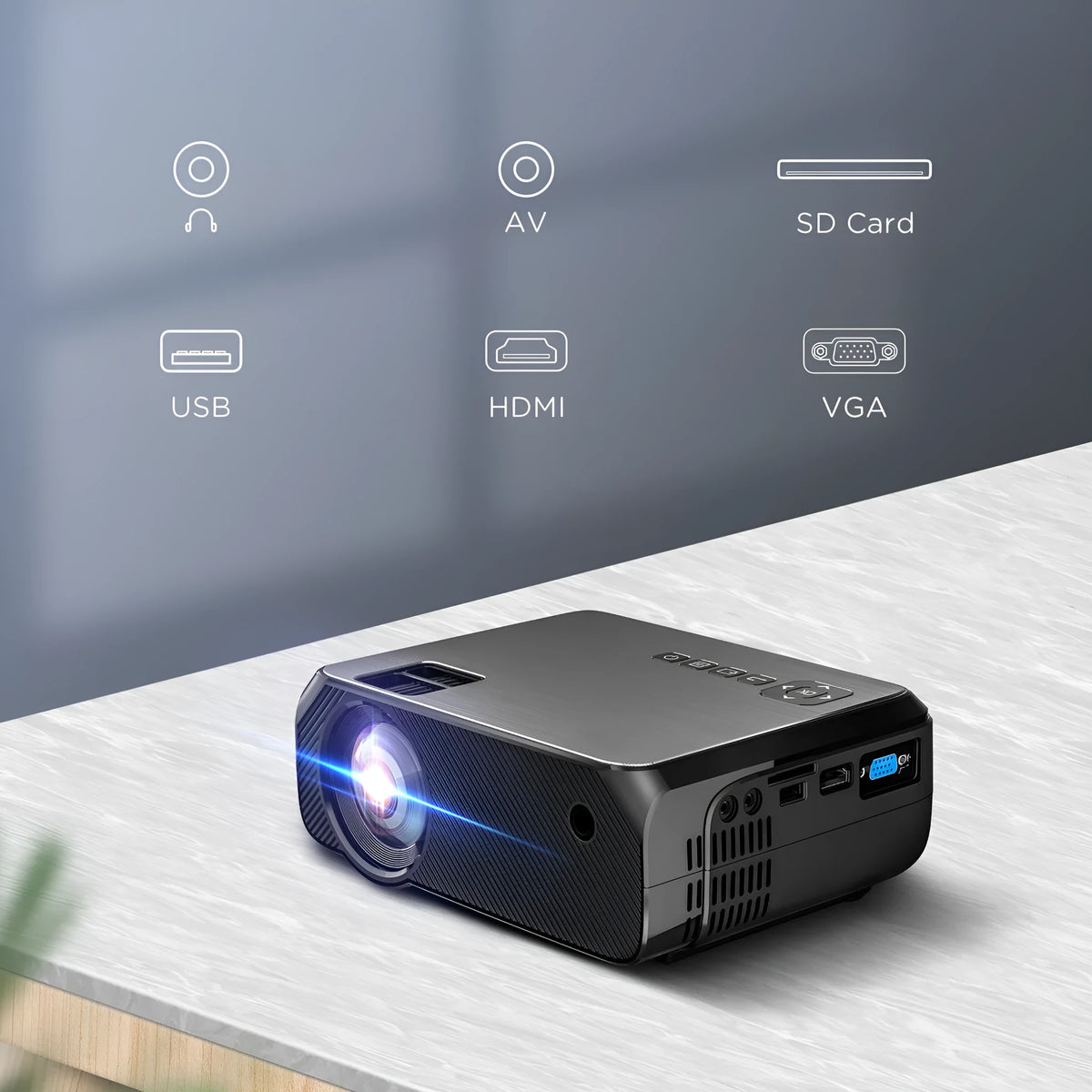 Black home projector with glass lens, 720p resolution, 3900 lumens brightness, 50-230 inch screen, UK plug