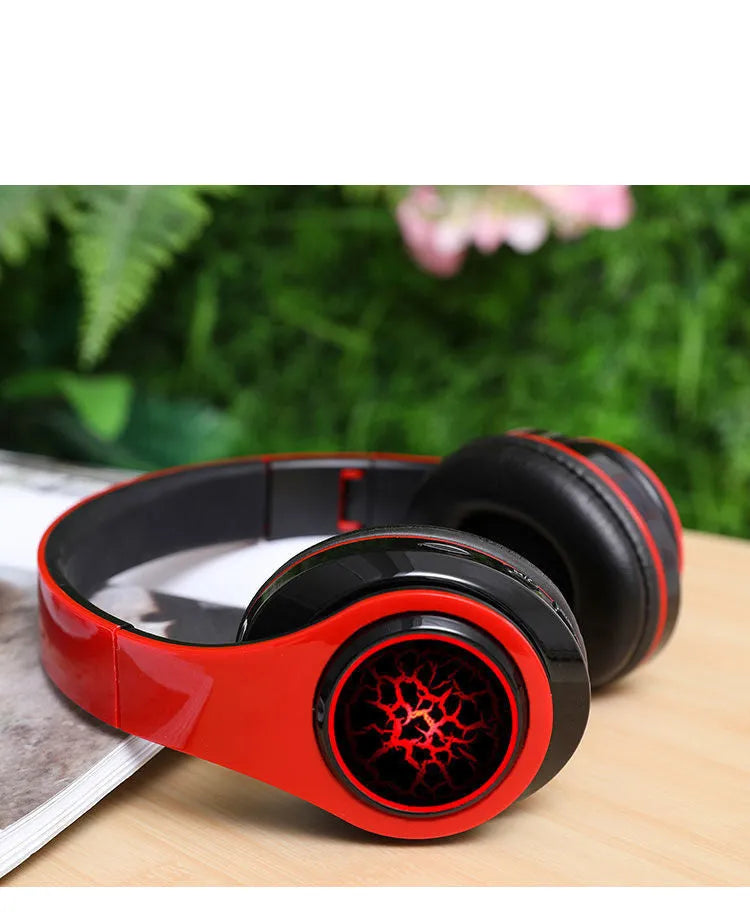 Head-mounted luminous Bluetooth 5.0 headset with stereo sound, power display, and 10 metre range in black, white or red