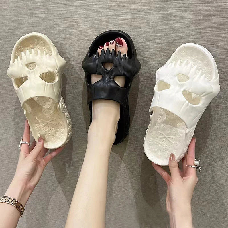 Spooky skull-patterned slide sandals in various colors, perfect for indoor and outdoor wear during the Halloween season