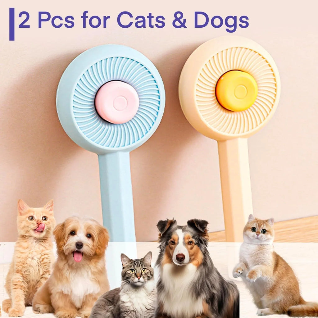 Blue and yellow pet grooming brush with self-cleaning button and angled metal needles