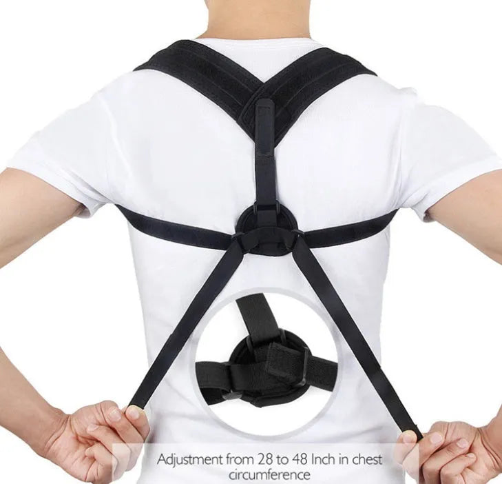 Black breathable posture correction belt with figure 8 design and adjustable straps on a plain background