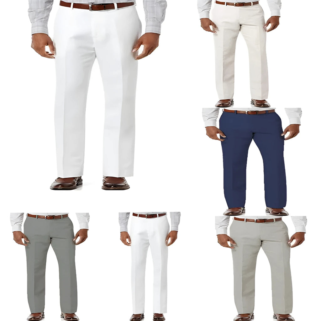 Men's beige white linen-cotton trousers with slant pockets laid flat.