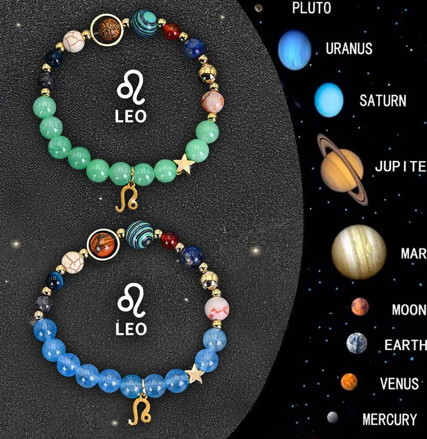 Two natural stone beaded bracelets with zodiac charms on an adjustable elastic cord.
