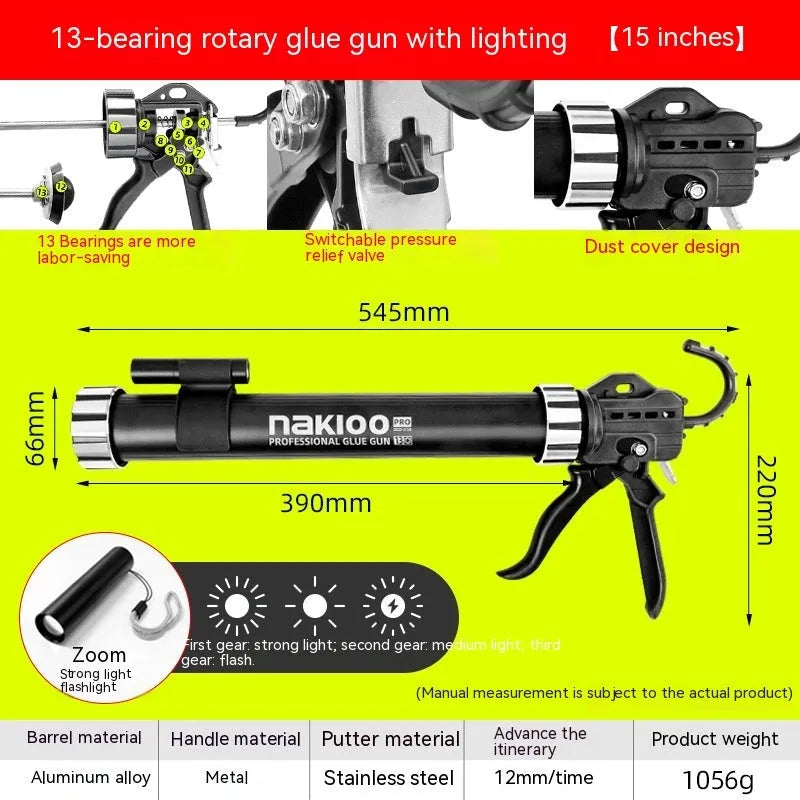 Aluminium alloy automatic glass glue gun with 13-bearing structure for silicone sealants