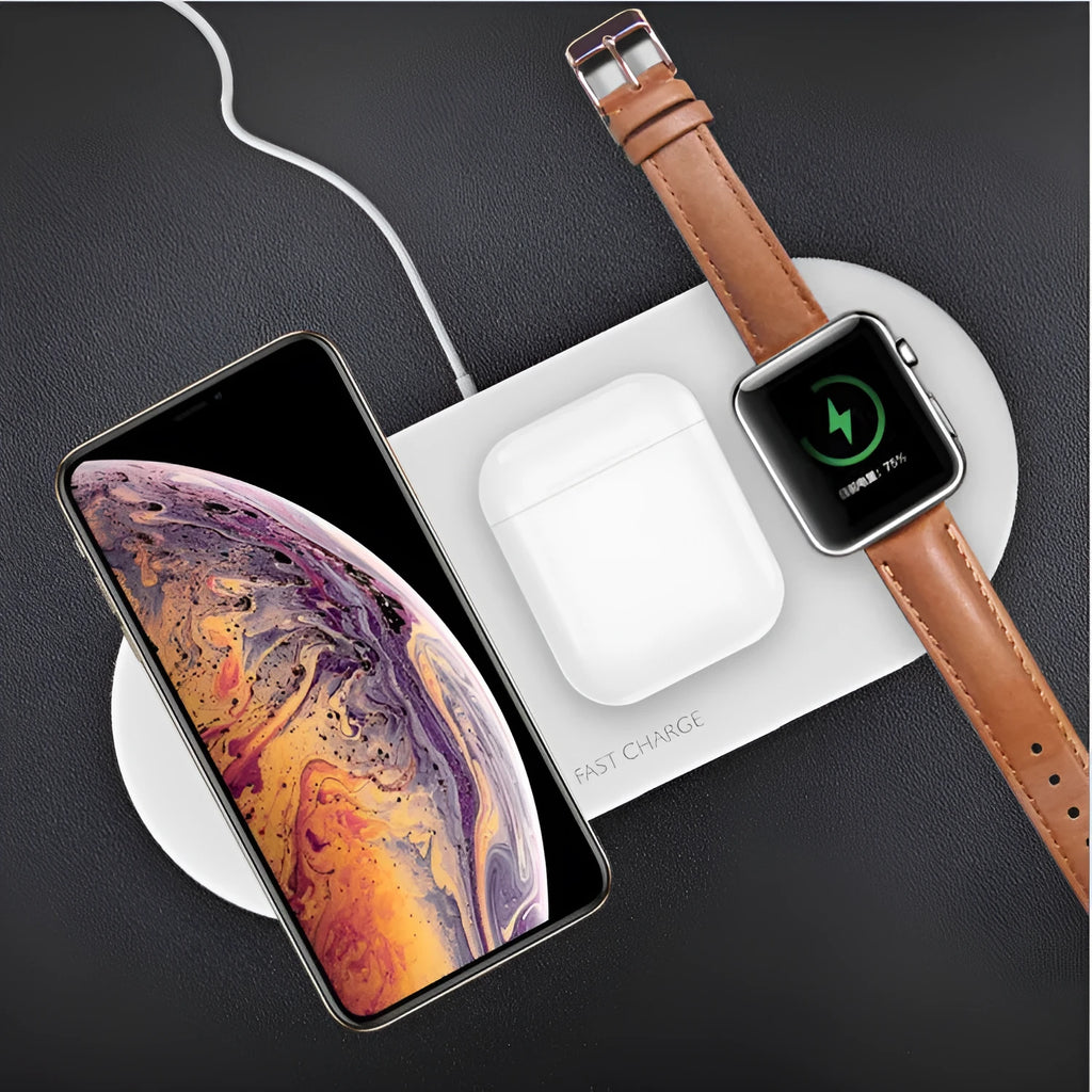 Black or white three-device wireless charging station for Apple-compatible phones, headphones and watches