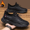 Men's black fleece-lined waterproof sneakers with a round toe and rubber sole on a white background.