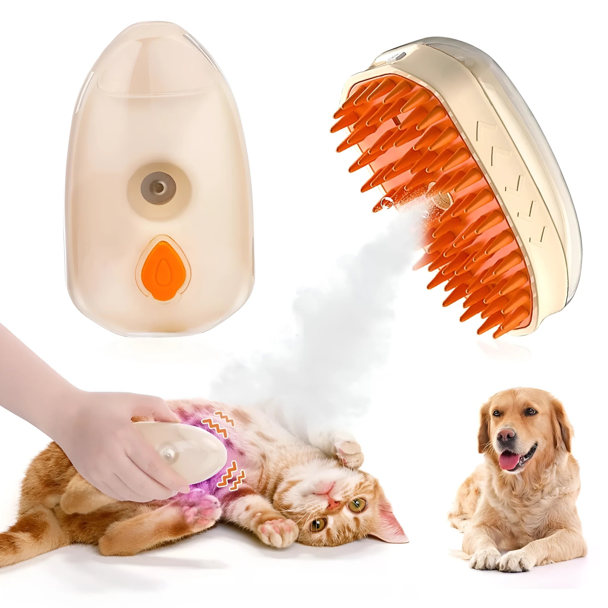 Yellow 4-in-1 cat steam brush with silicone bristles, water tank, and UV lamp for grooming and ringworm detection.