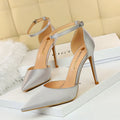Pointed hollow high heels with silk upper, available in multiple colours, sizes 34-43, with rubber sole